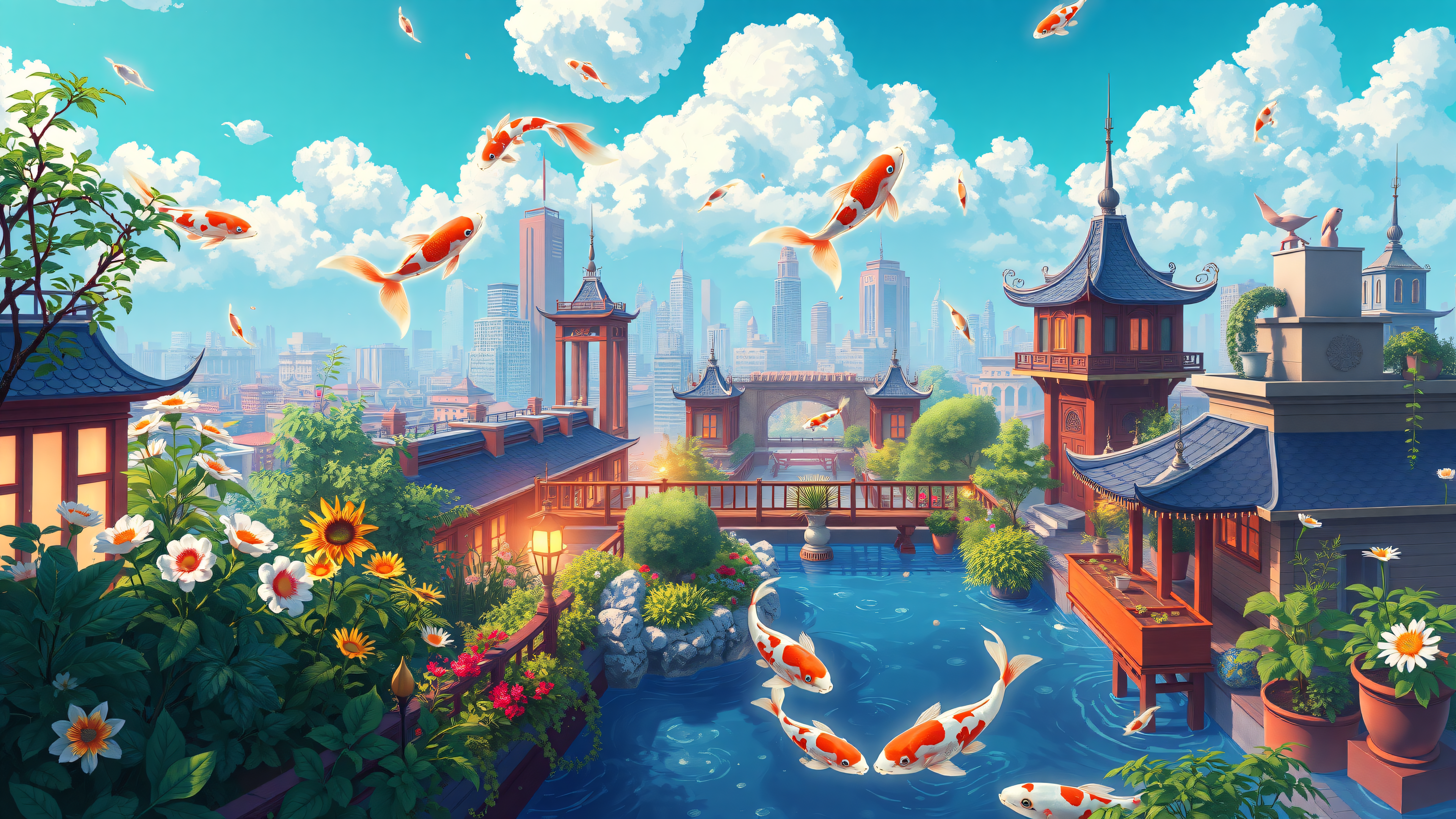 Flying Koi Fish Over Asian Cityscape Garden, koi fish, flying fish, cityscape, asian garden, fantasy, whimsical