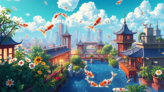 Flying Koi Fish Over Asian Cityscape Garden