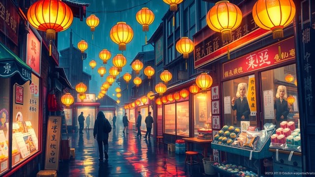 Rainy Night Asian Street with Lanterns