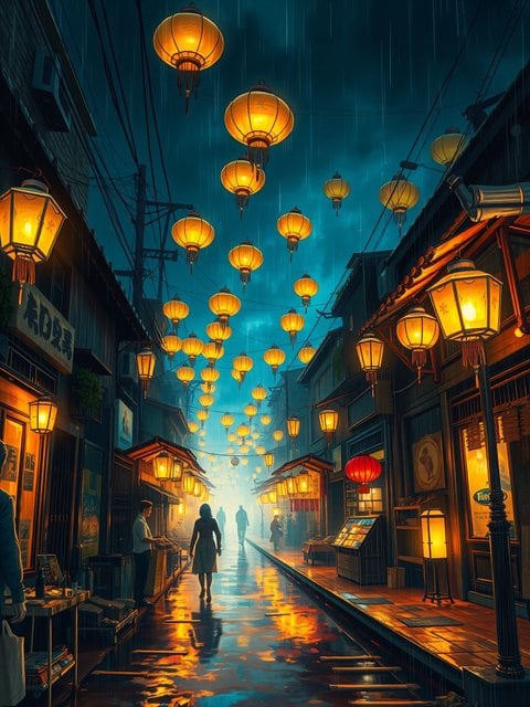 Rainy Night Lantern Street Aesthetic