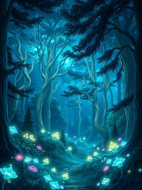 Enchanted Forest with Glowing Flowers Wallpaper