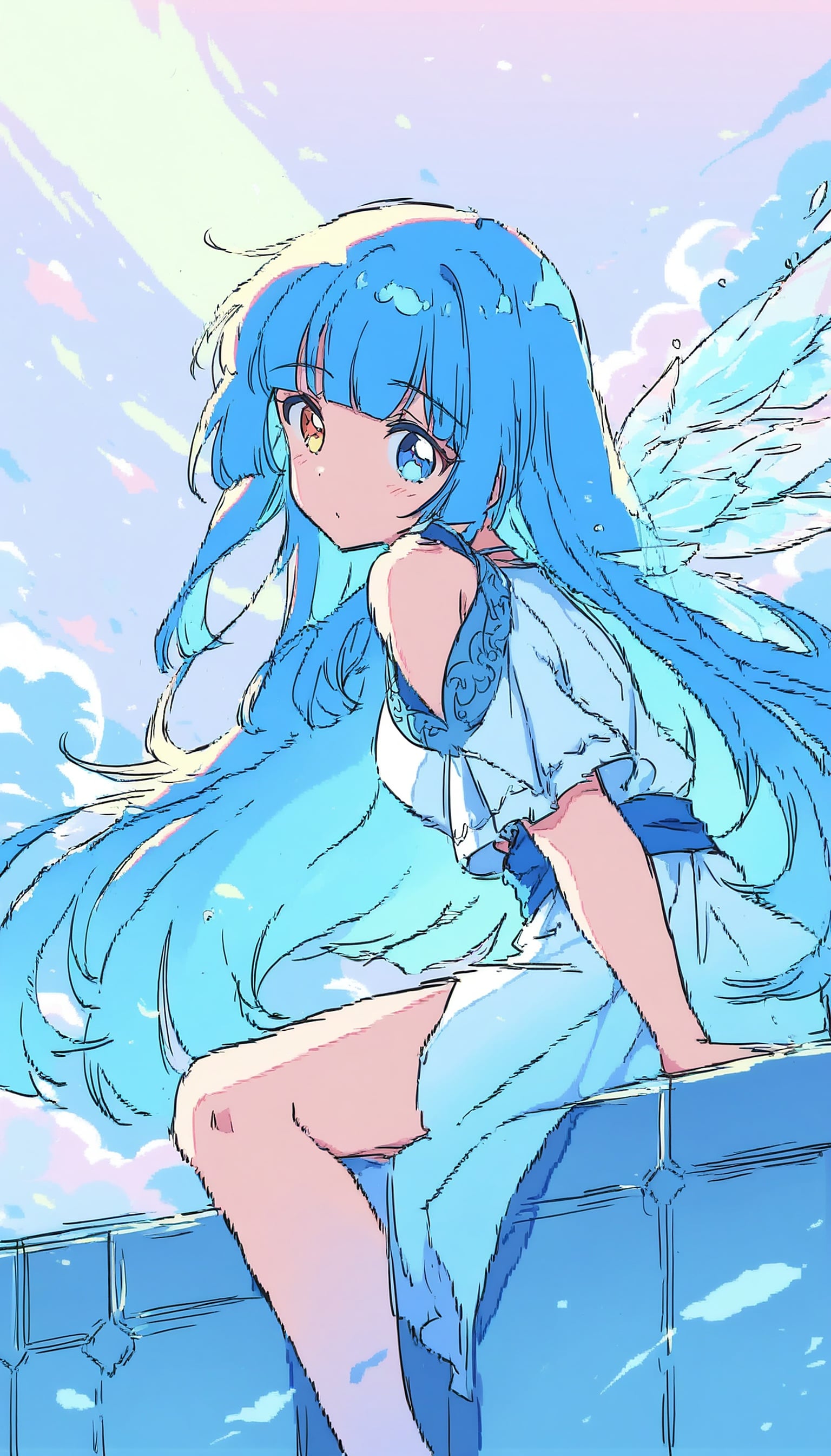 Anime Blue-Haired Fairy Girl in Sky Aesthetic, anime girl, blue hair, fairy, angel, cute, fantasy