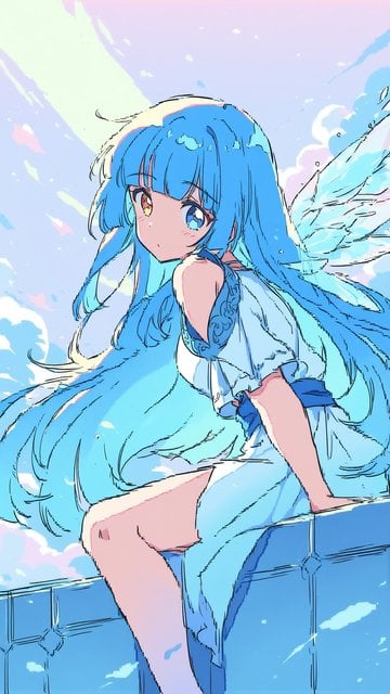 Anime Blue-Haired Fairy Girl in Sky Aesthetic