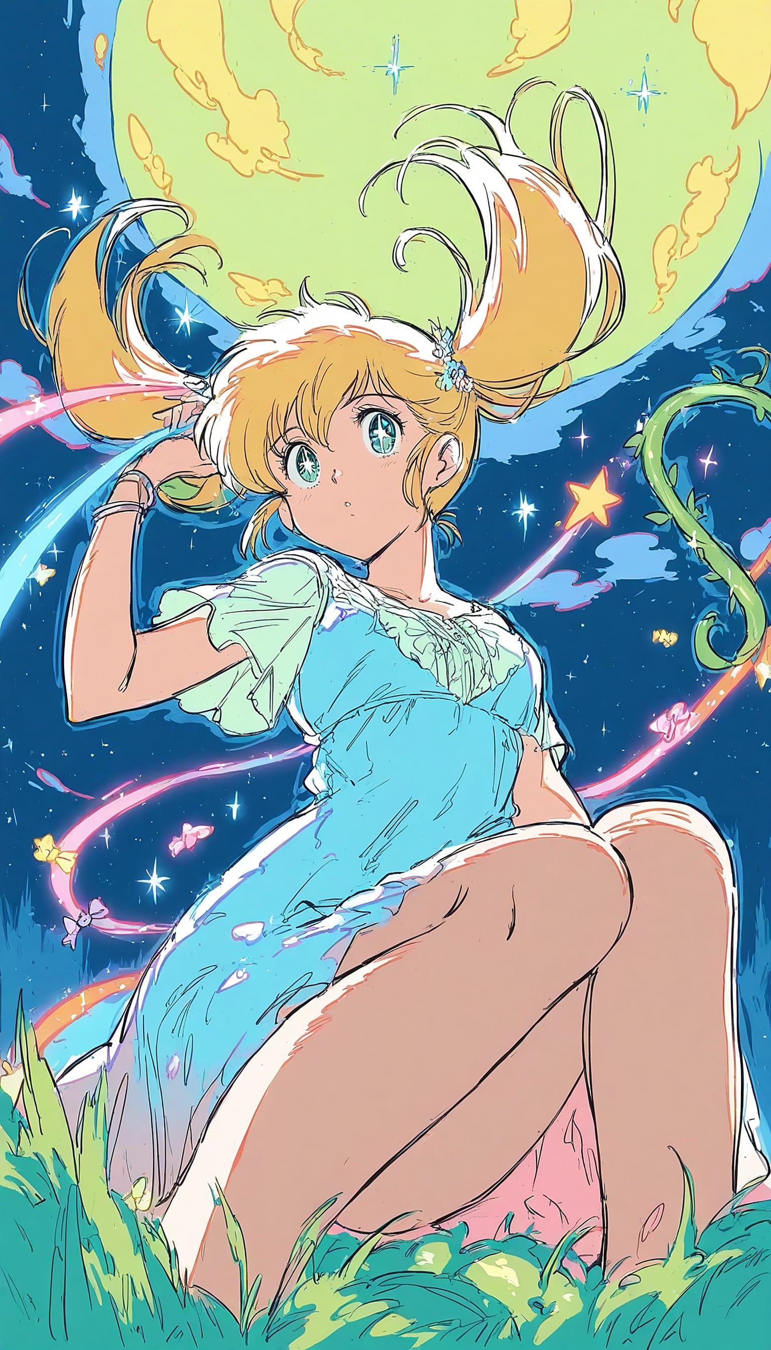 Anime Girl Moonlight Fantasy Wallpaper, anime girl, fantasy, moonlight, stars, night sky, cute