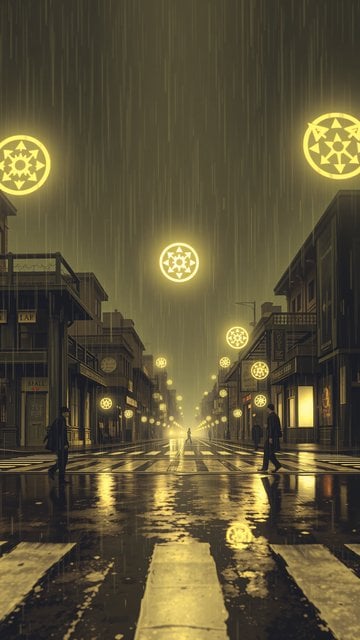 Rainy City Street with Glowing Orbs
