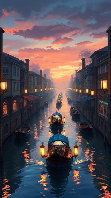 Venice Canal Sunset with Gondolas and Lanterns