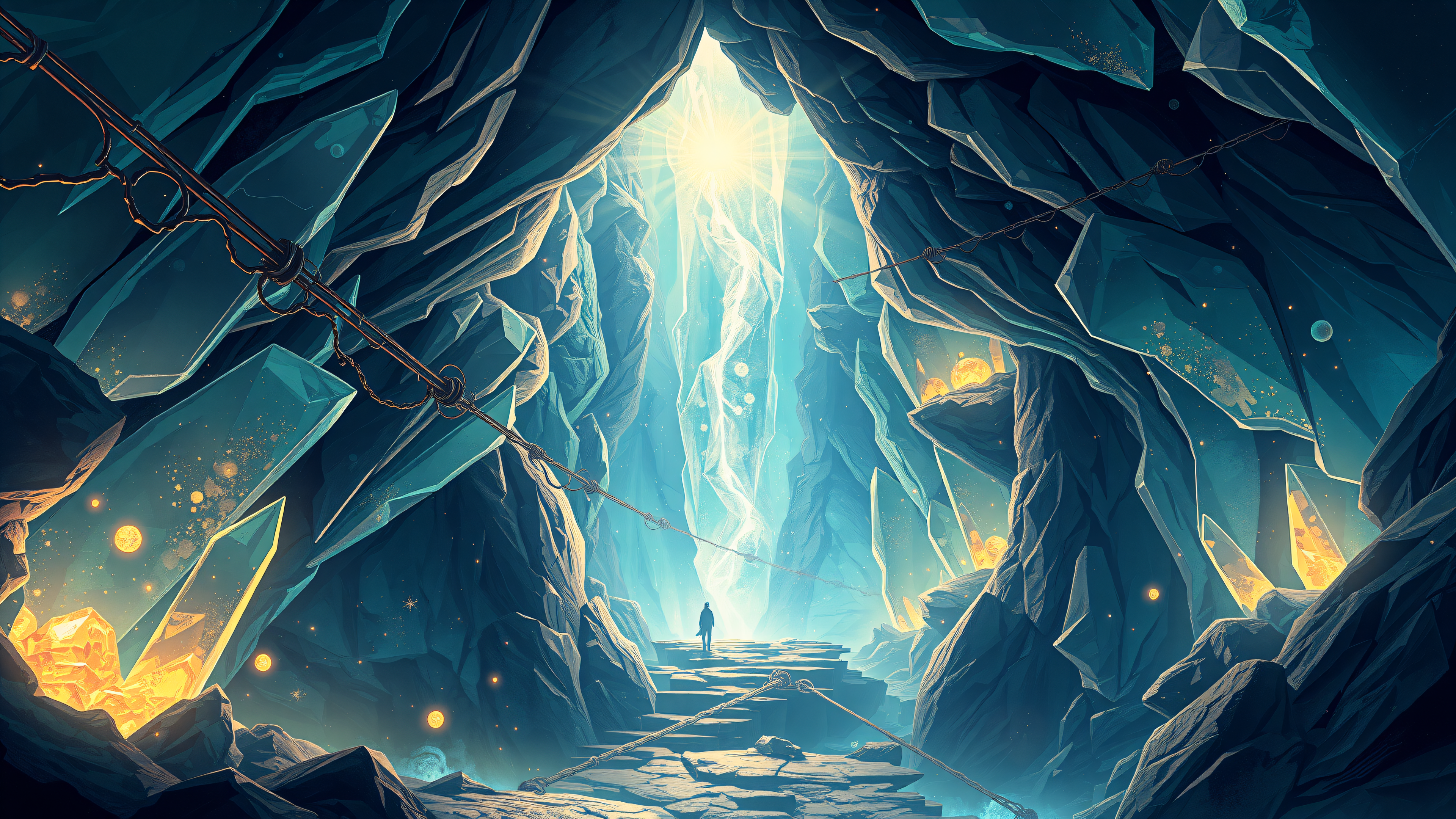 Crystal Cave Explorer: Radiant Abyss, crystal cave, fantasy art, glowing crystals, explorer, digital painting, blue and gold