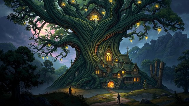 Fantasy Tree House Village at Twilight