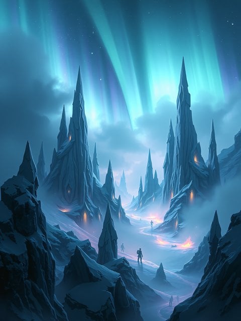 Fantasy Ice Peaks Aurora Night