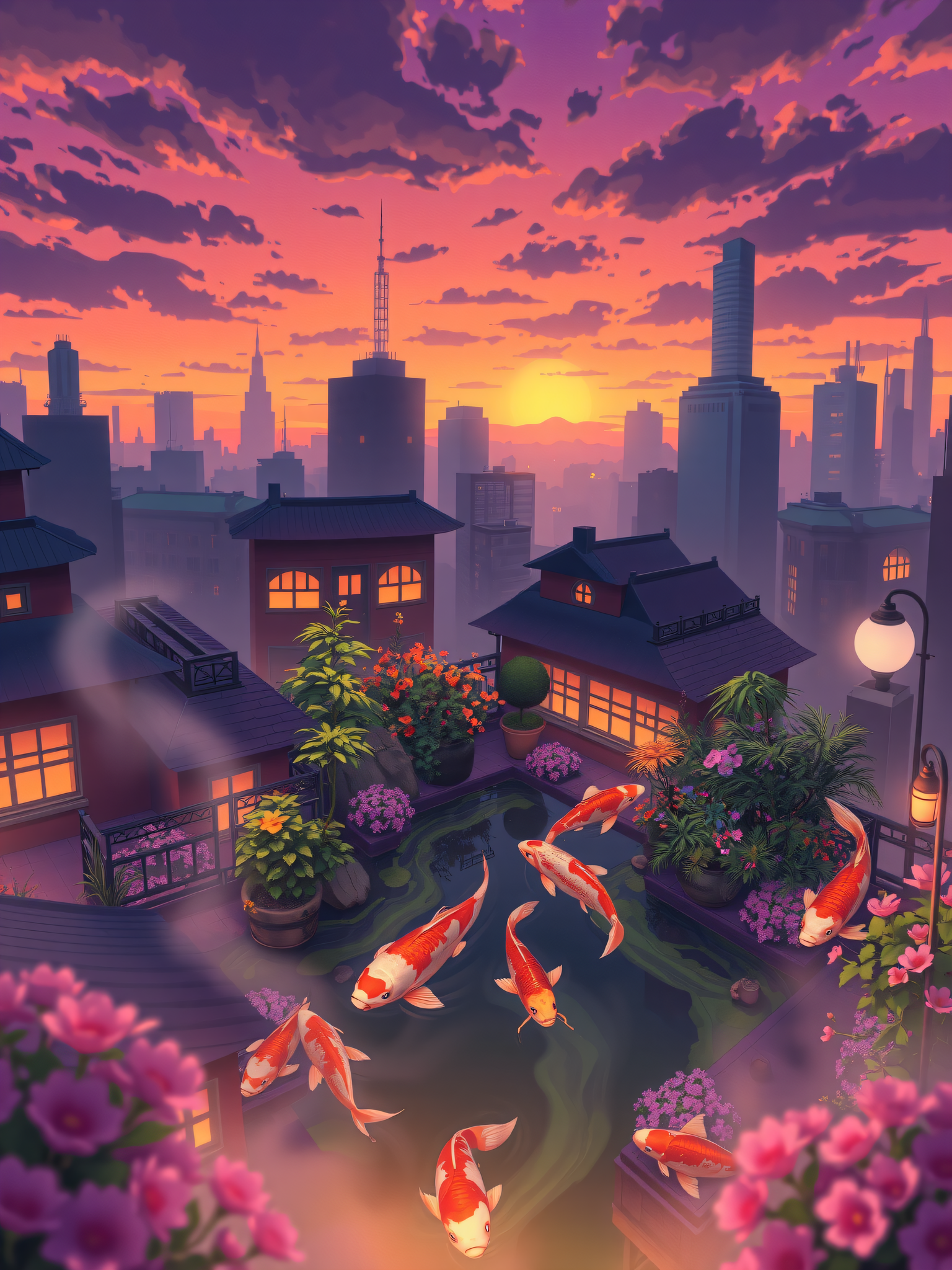 Koi Pond Rooftop Garden at Sunset Cityscape, koi pond, rooftop garden, sunset city, japanese aesthetic, urban oasis, tranquil