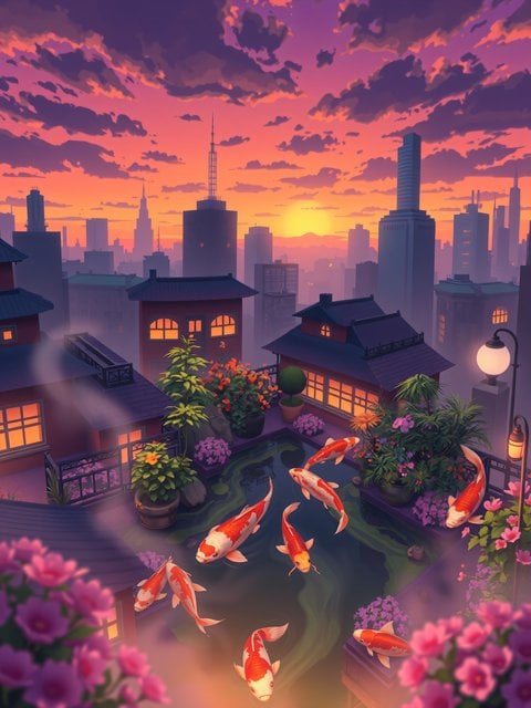 Koi Pond Rooftop Garden at Sunset Cityscape