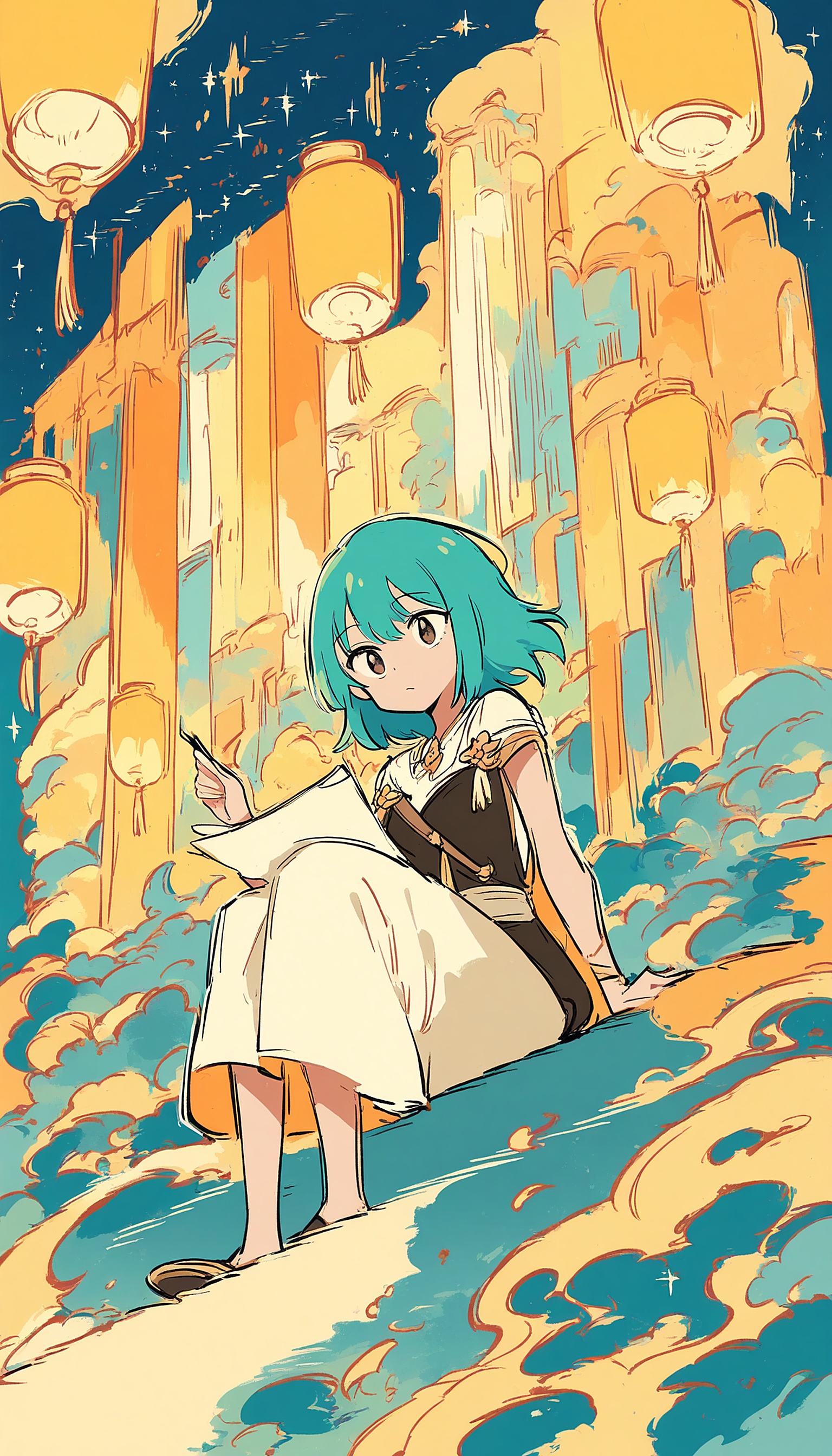 Anime Girl Writing Under Floating Lanterns, anime girl, fantasy, lanterns, starry sky, dreamy, writing
