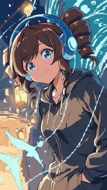 Anime Girl with Headphones and Glowing Birds