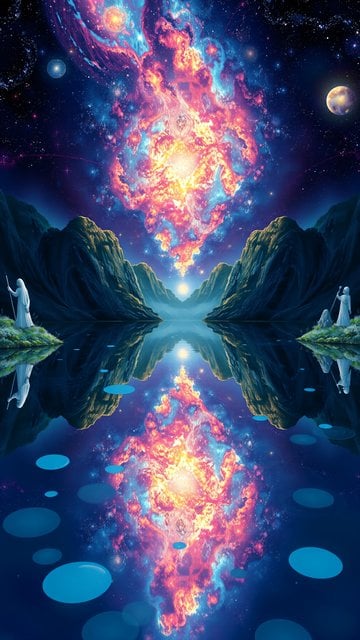Cosmic Valley Lake, Starry Sky Galaxy, Fantasy Art
