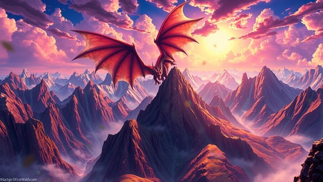 Red Dragon Over Sunset Mountains Fantasy Art