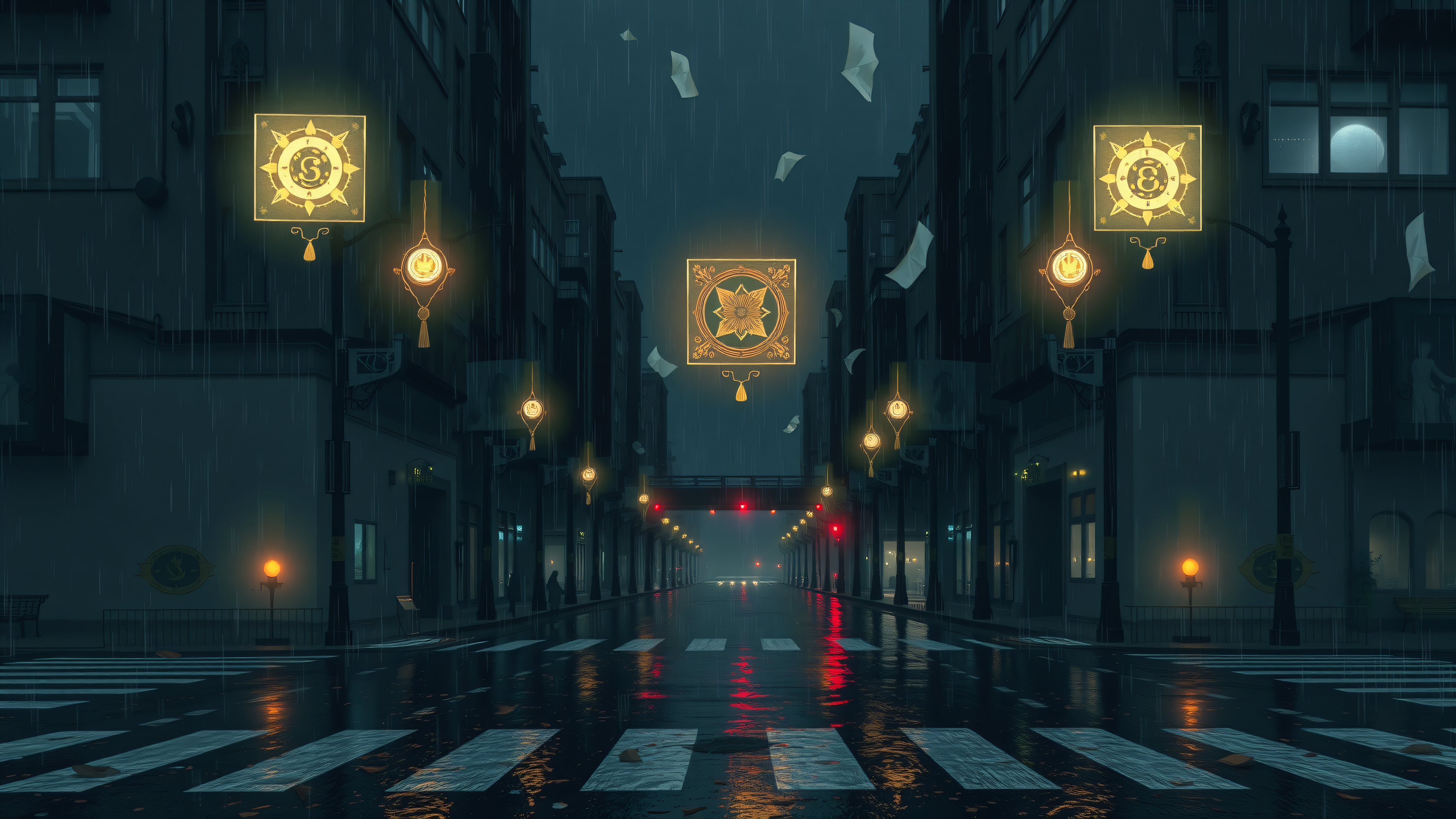 Rainy Urban Street with Mystical Lanterns, rainy city, urban fantasy, night street, mystical lanterns, wet pavement, moody blue