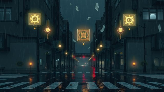 Rainy Urban Street with Mystical Lanterns
