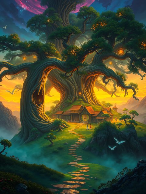 Fantasy Tree Village at Sunset, Magical Sky