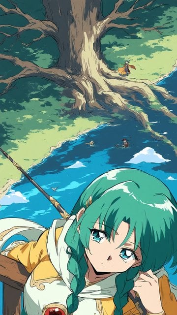 Anime Girl at Giant Tree Coastal Landscape
