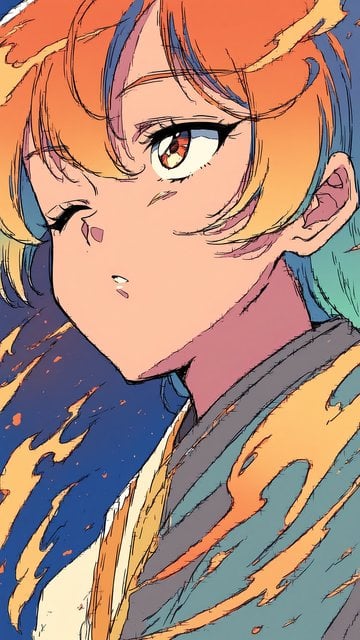 Anime Girl Close-up with Fiery Hair, Dynamic Colors