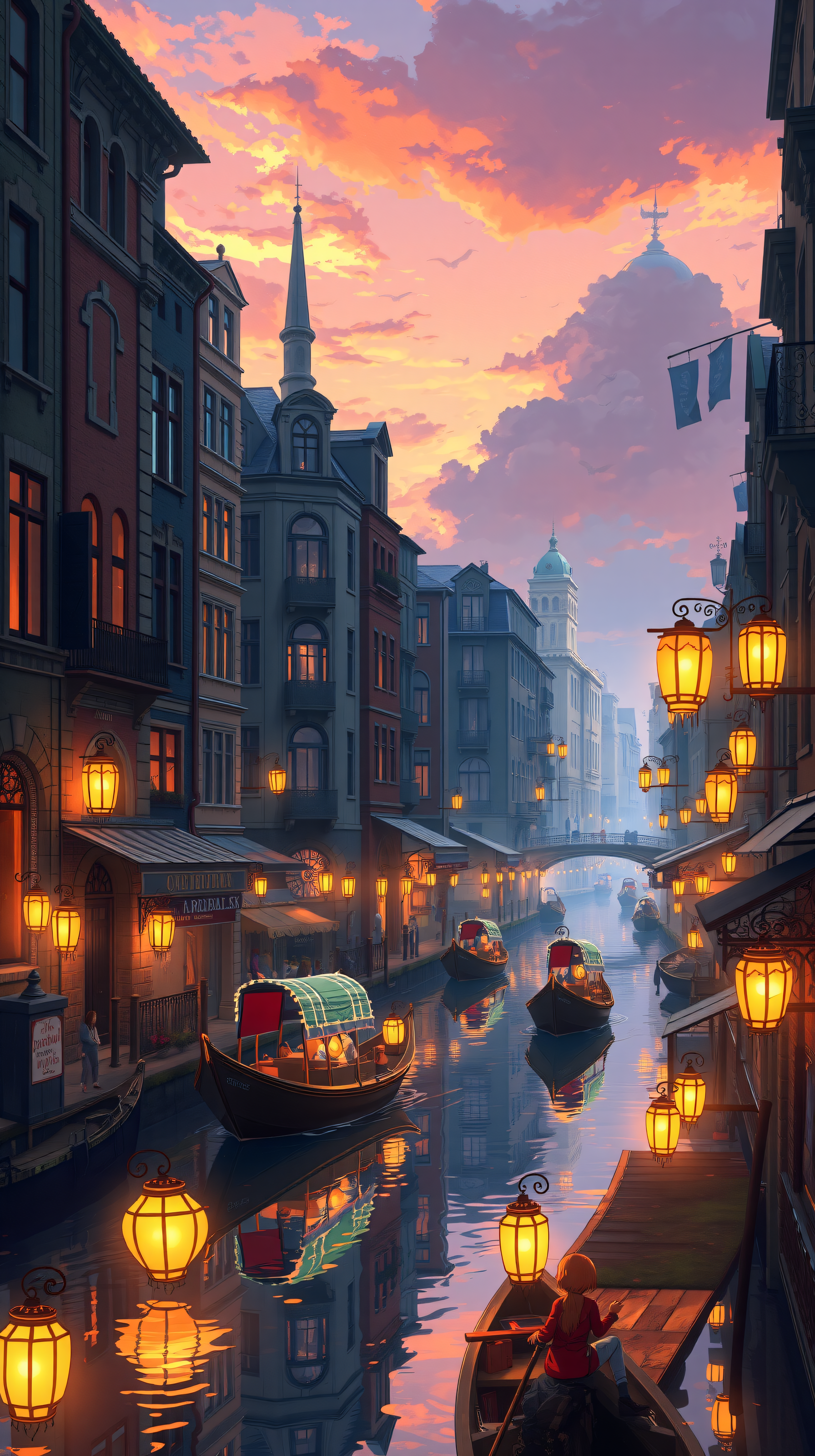 Evening Canal Cityscape with Gondolas & Lanterns, canal city, gondola, lanterns, sunset, evening, cityscape