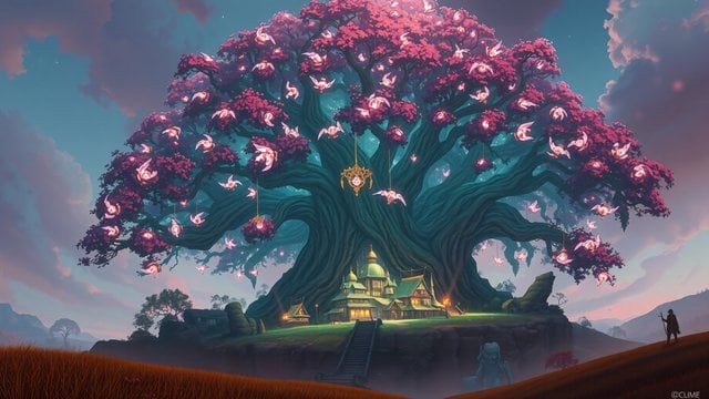 Fantasy Tree Village with Glowing Creatures