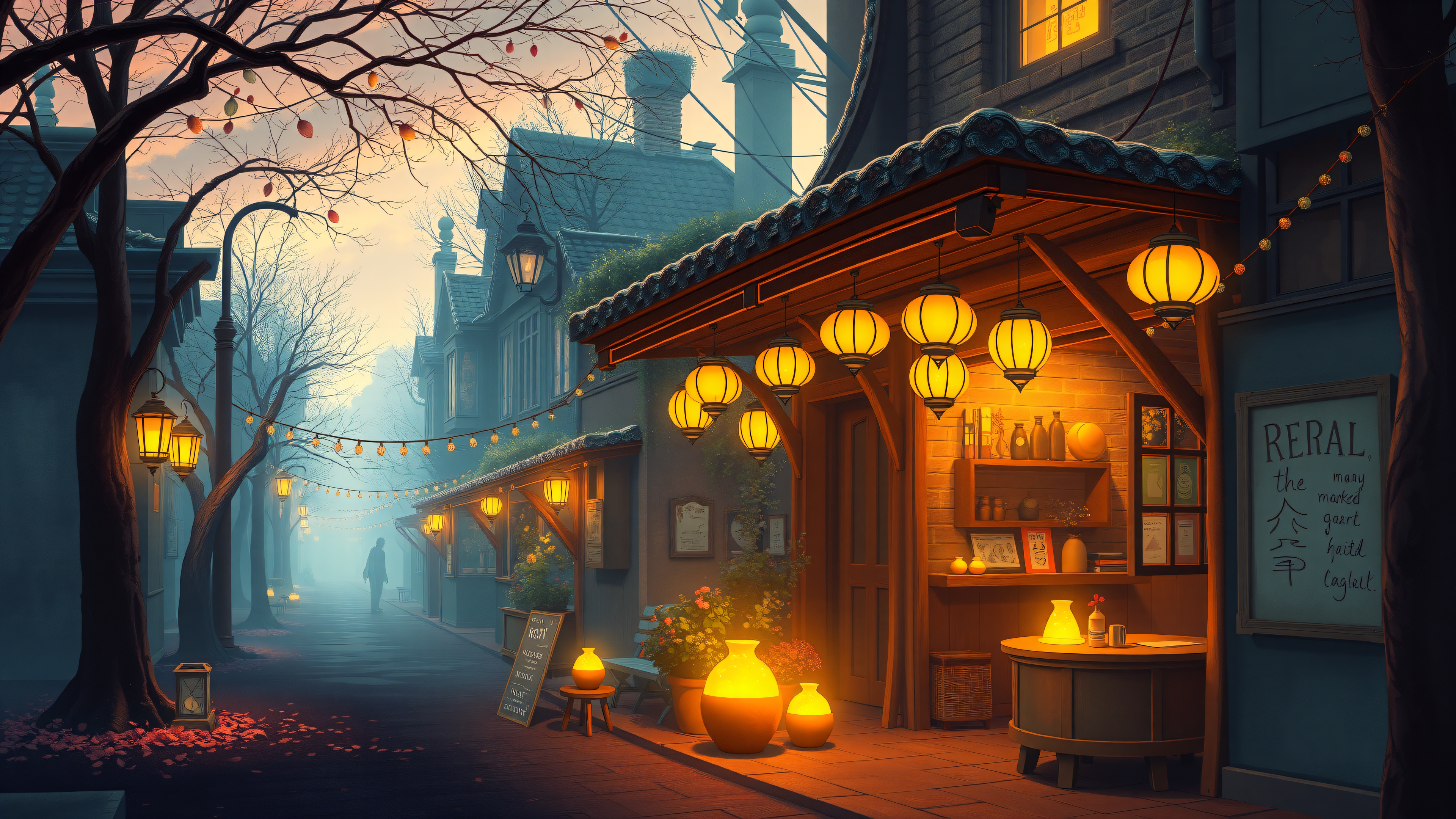 Misty Night Market Street with Warm Lanterns, night market, lanterns, misty street, cozy, fantasy art, warm glow