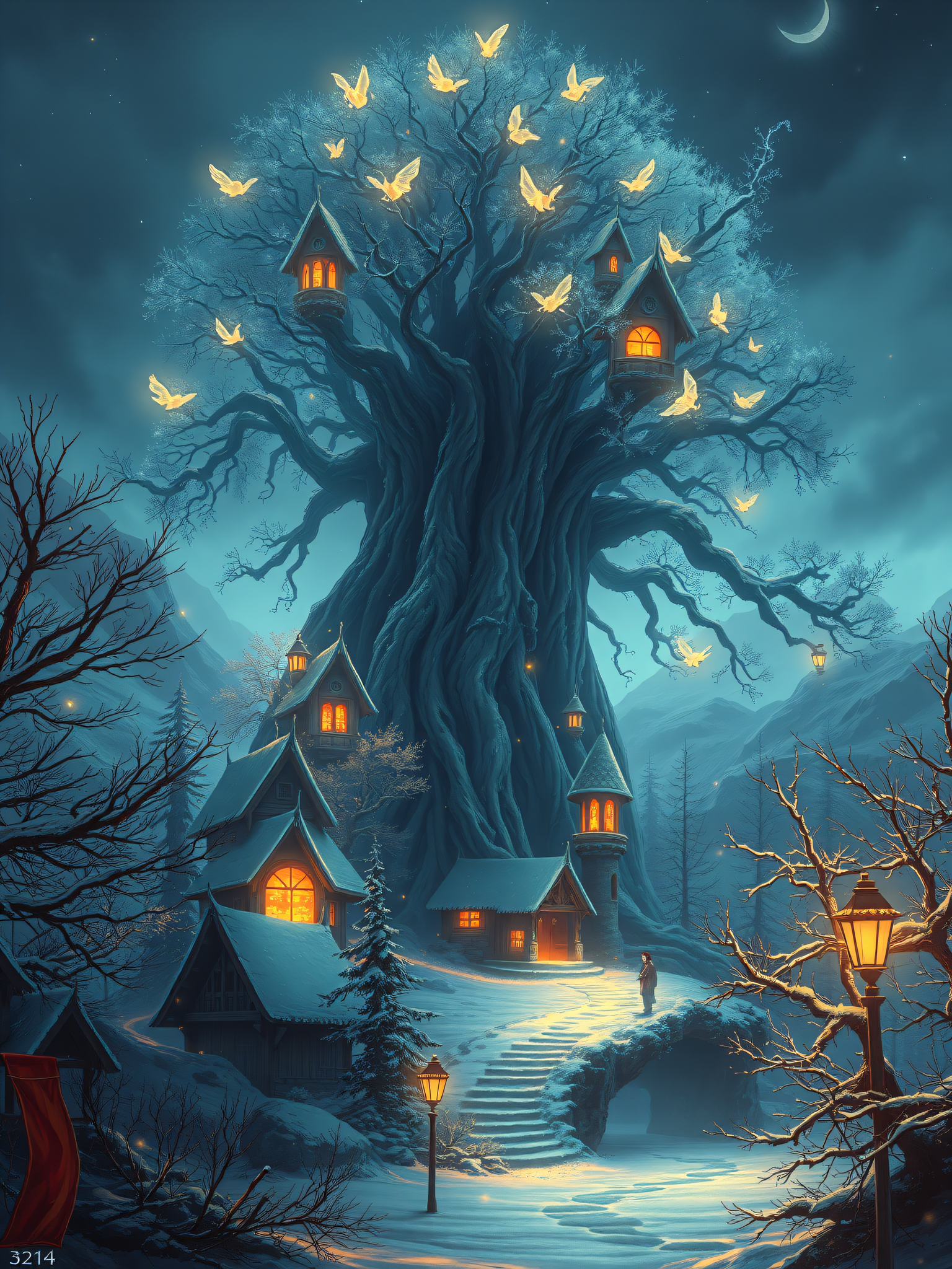 Enchanted Winter Village Treehouses at Night, fantasy village, winter night, glowing tree, treehouses, enchanted forest, fairytale