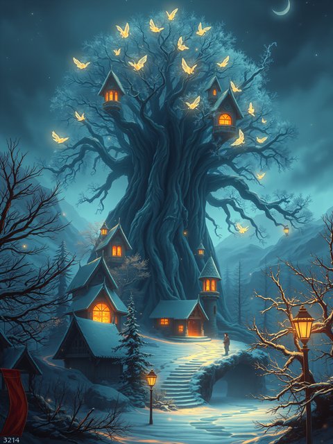 Enchanted Winter Village Treehouses at Night