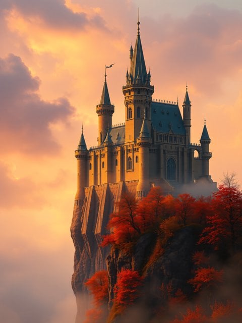 Fantasy Castle on Cliff at Sunset with Autumn Trees