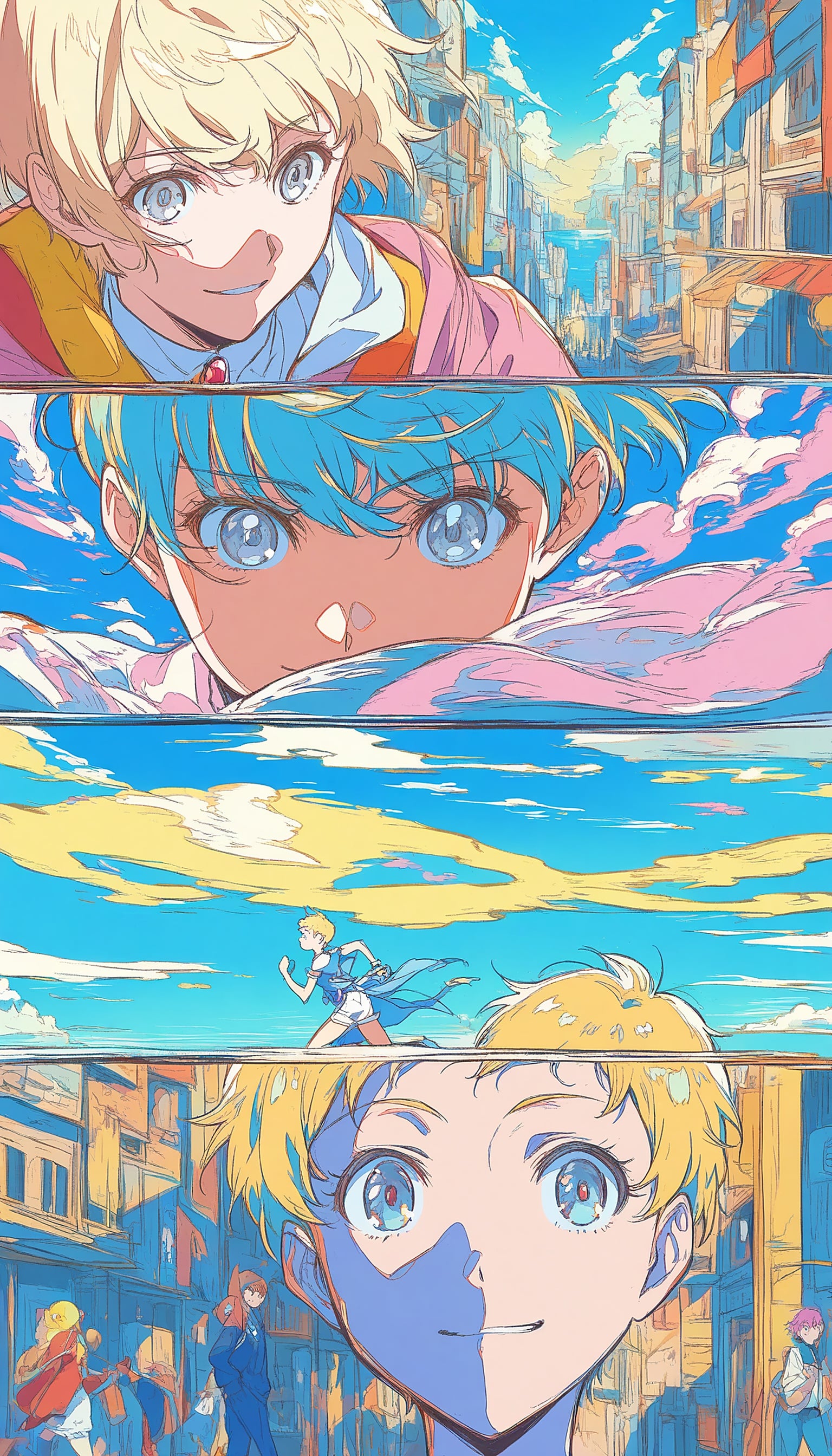Anime Characters & Cityscape Art Style Wallpaper, anime, manga, cityscape, characters, split panel, blue sky