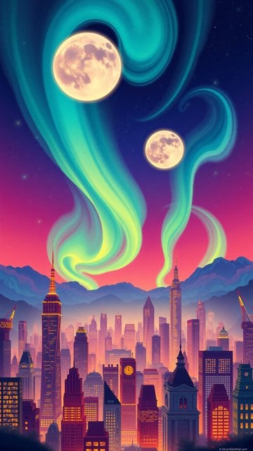 Neon Cityscape Twin Moons Aurora Fantasy Art