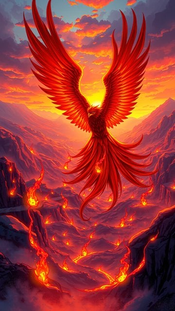 Phoenix Rising Over Fiery Volcanic Landscape