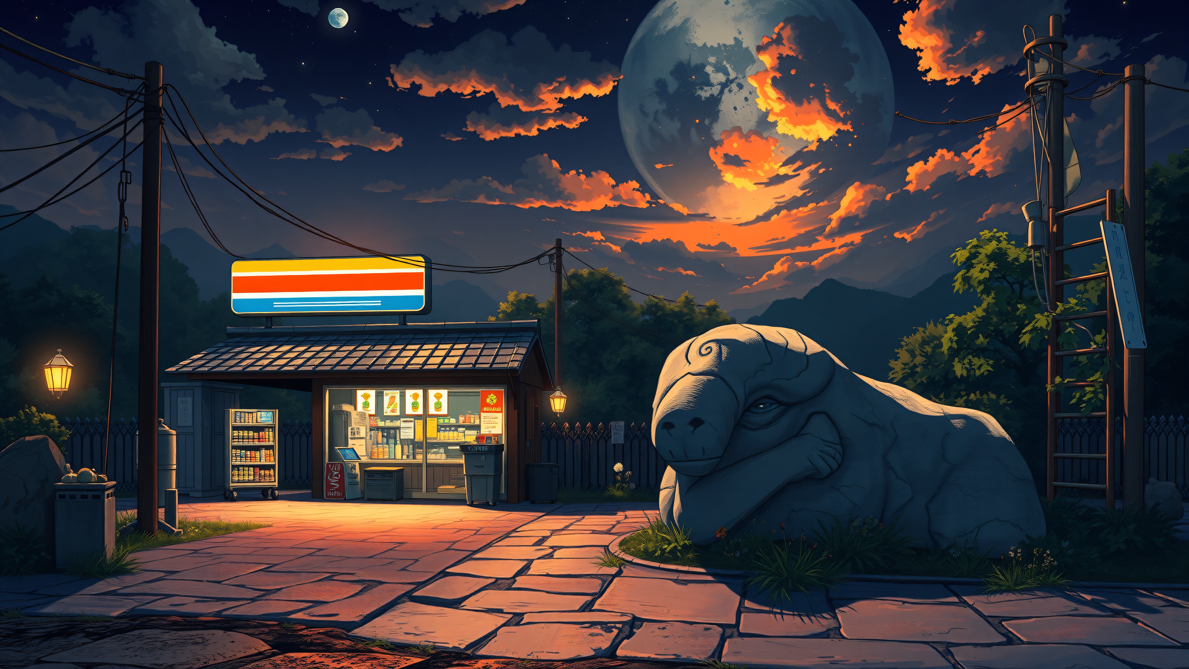 Anime Sunset Convenience Store & Giant Moon, anime aesthetic, sunset sky, giant moon, convenience store, fantasy art, mystical creature