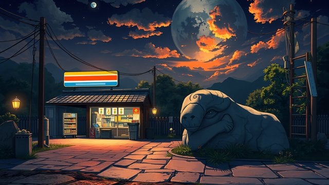 Anime Sunset Convenience Store & Giant Moon
