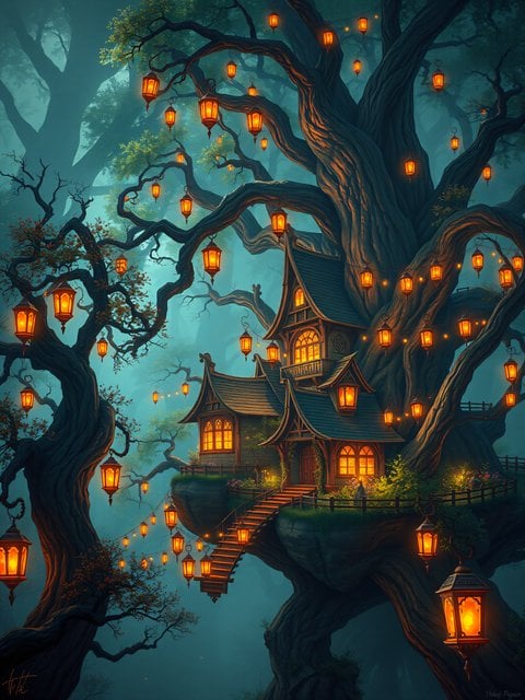 Fantasy Treehouse with Glowing Lanterns