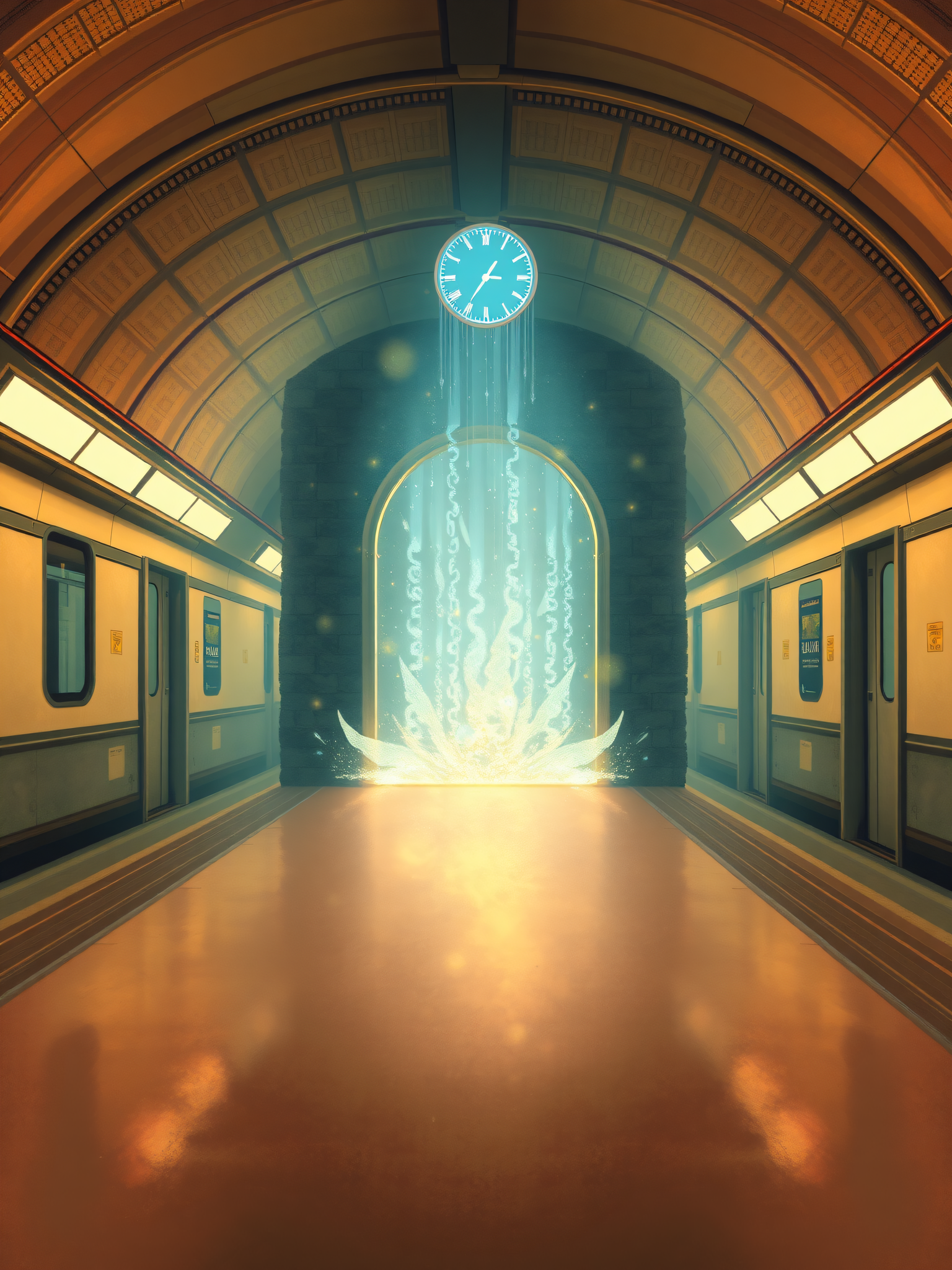 Mystical Subway Clock Portal, subway, portal, fantasy, magic, clock, glowing