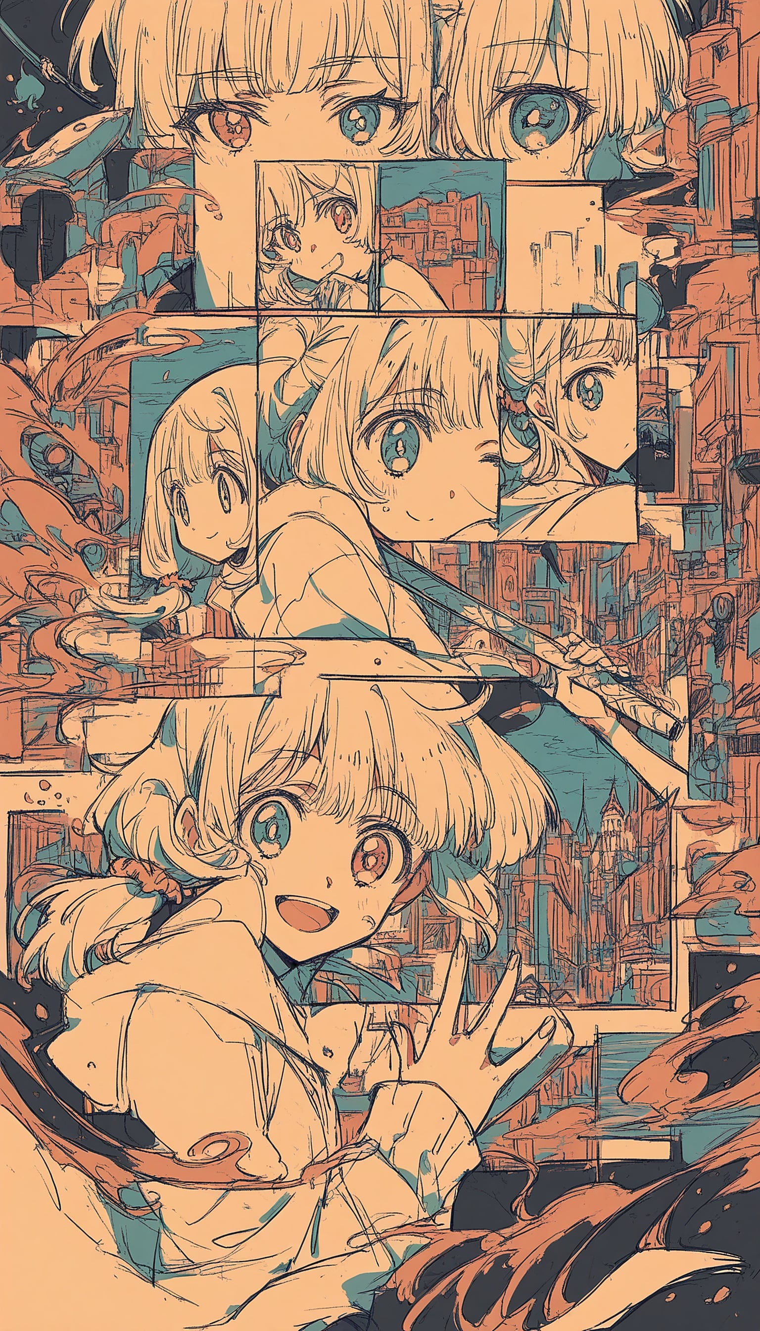 Anime Girl City Collage Wallpaper, anime girl, manga, collage, cityscape, peach teal, comic book style