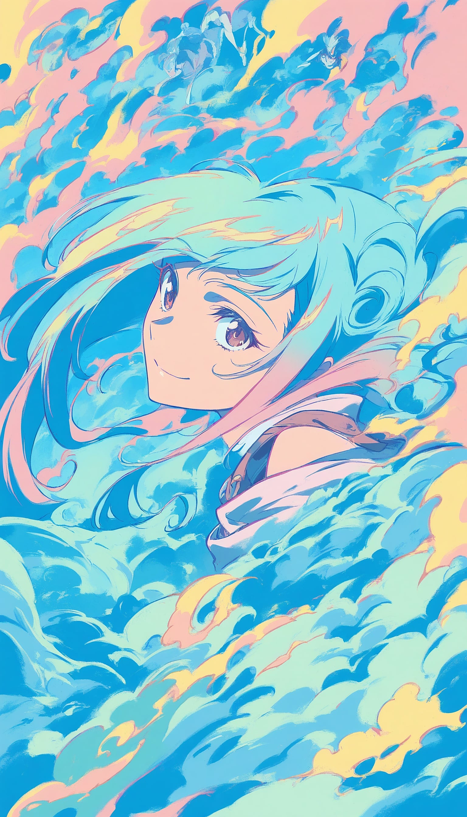 Anime Girl in Cyan and Pink Clouds Wallpaper, anime girl, pastel clouds, turquoise hair, dreamy aesthetic, cyan pink yellow, colorful wallpaper