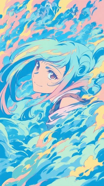 Anime Girl in Cyan and Pink Clouds Wallpaper