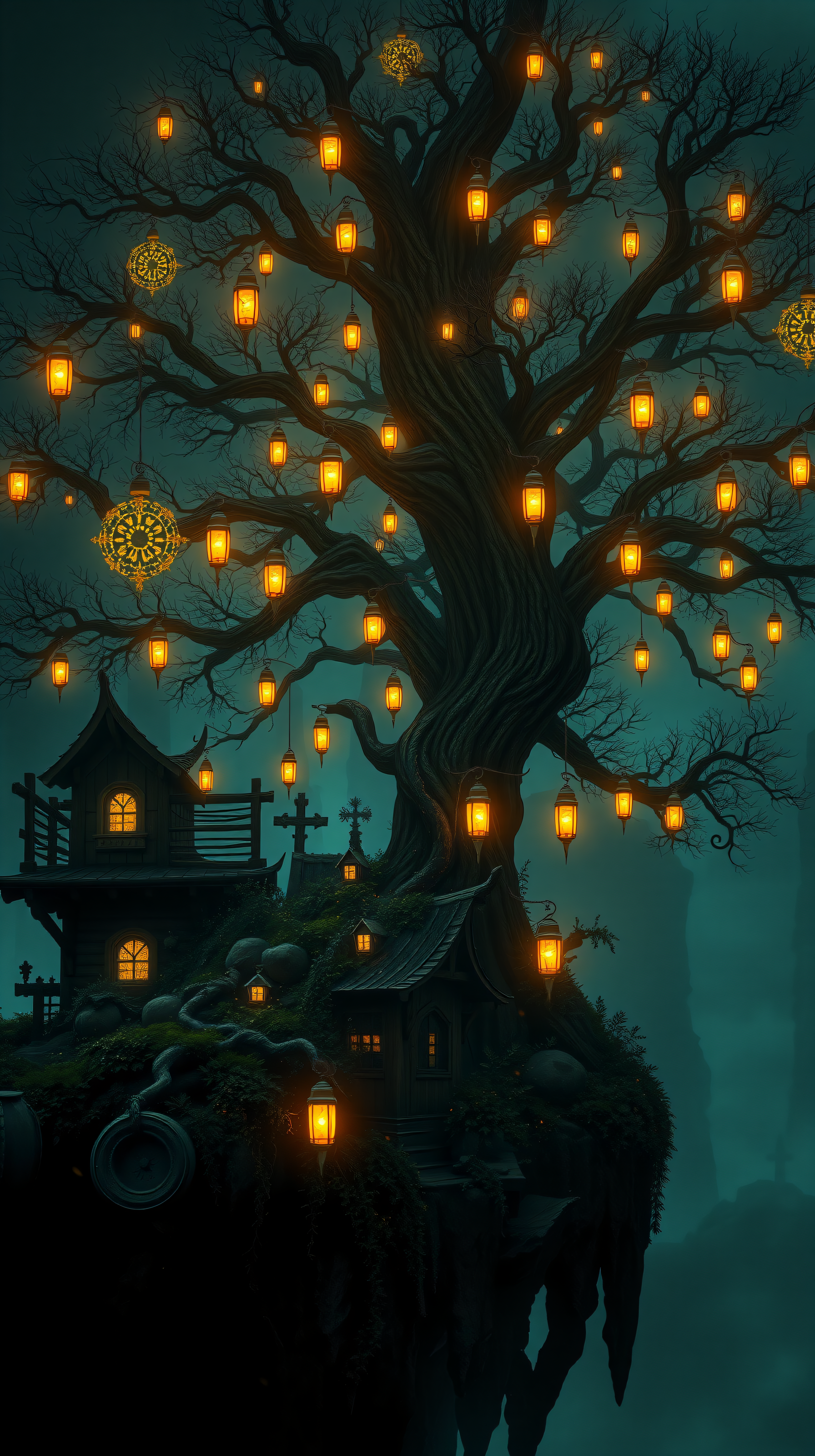 Mystical Lantern Treehouse Night Forest Wallpaper, fantasy tree, lanterns, treehouse, night forest, mystical, enchanted