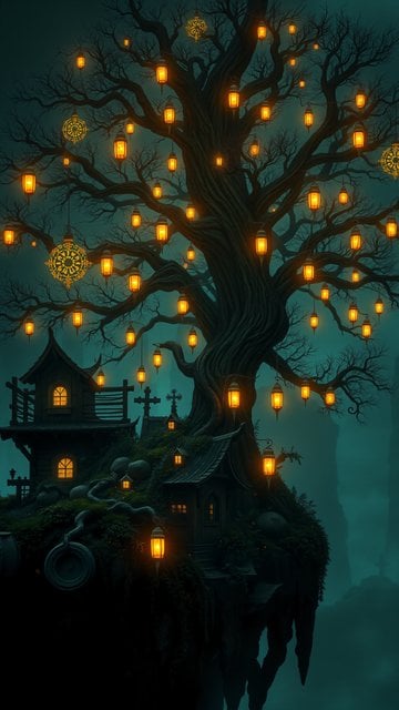 Mystical Lantern Treehouse Night Forest Wallpaper