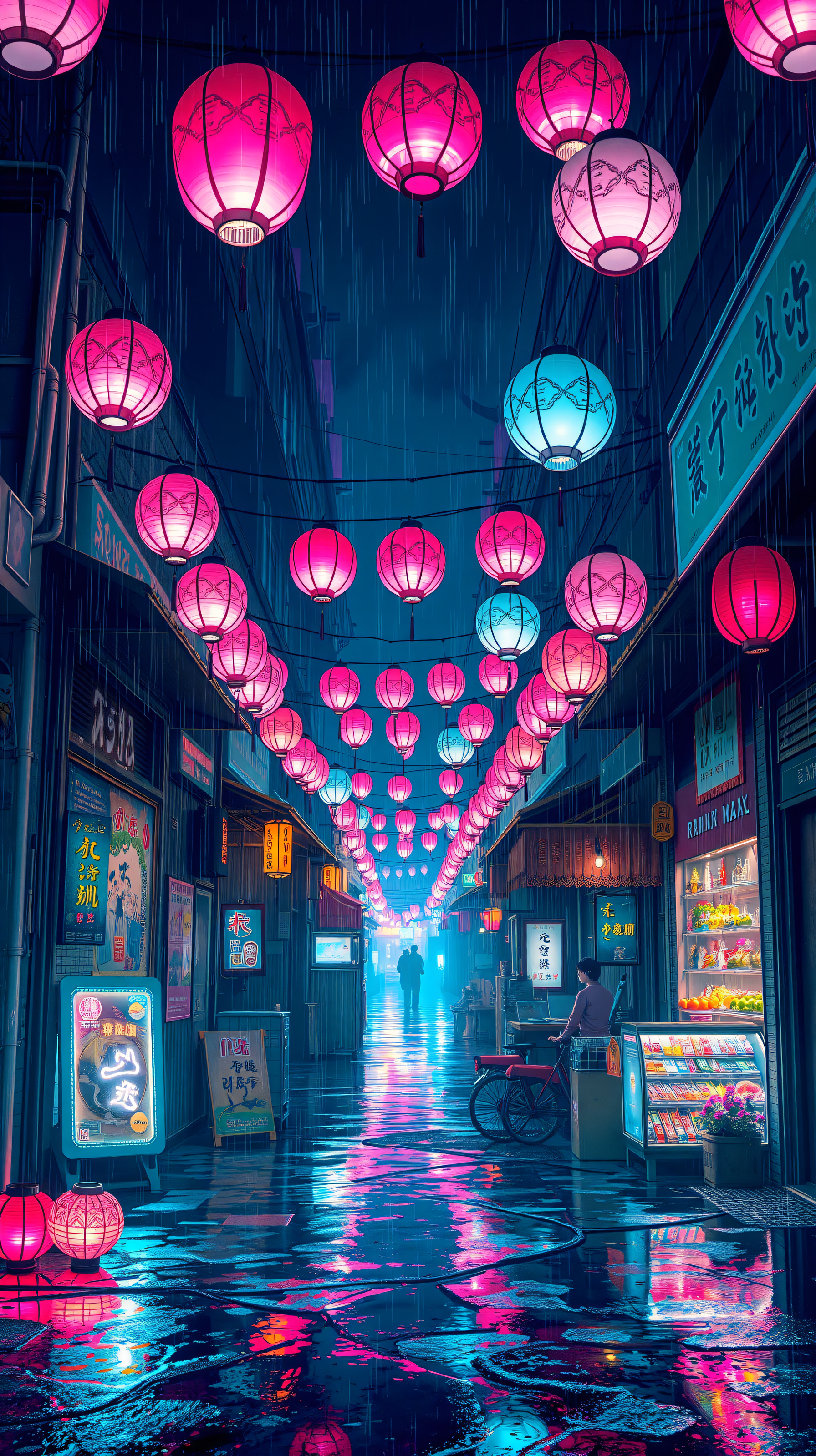 Neon Lantern Alley Rain Cyberpunk Wallpaper, cyberpunk, neon, lanterns, rain, alleyway, futuristic