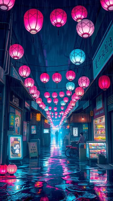 Neon Lantern Alley Rain Cyberpunk Wallpaper