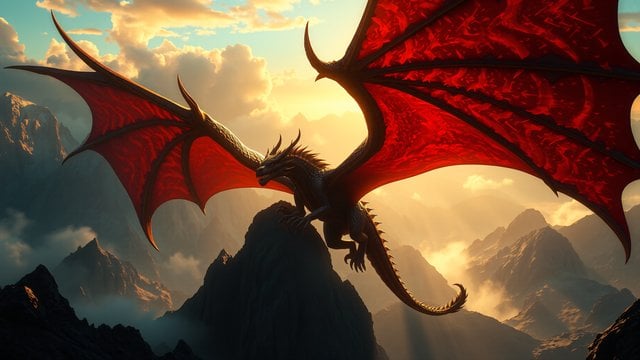 Fiery Winged Dragon atop Mountain at Sunset
