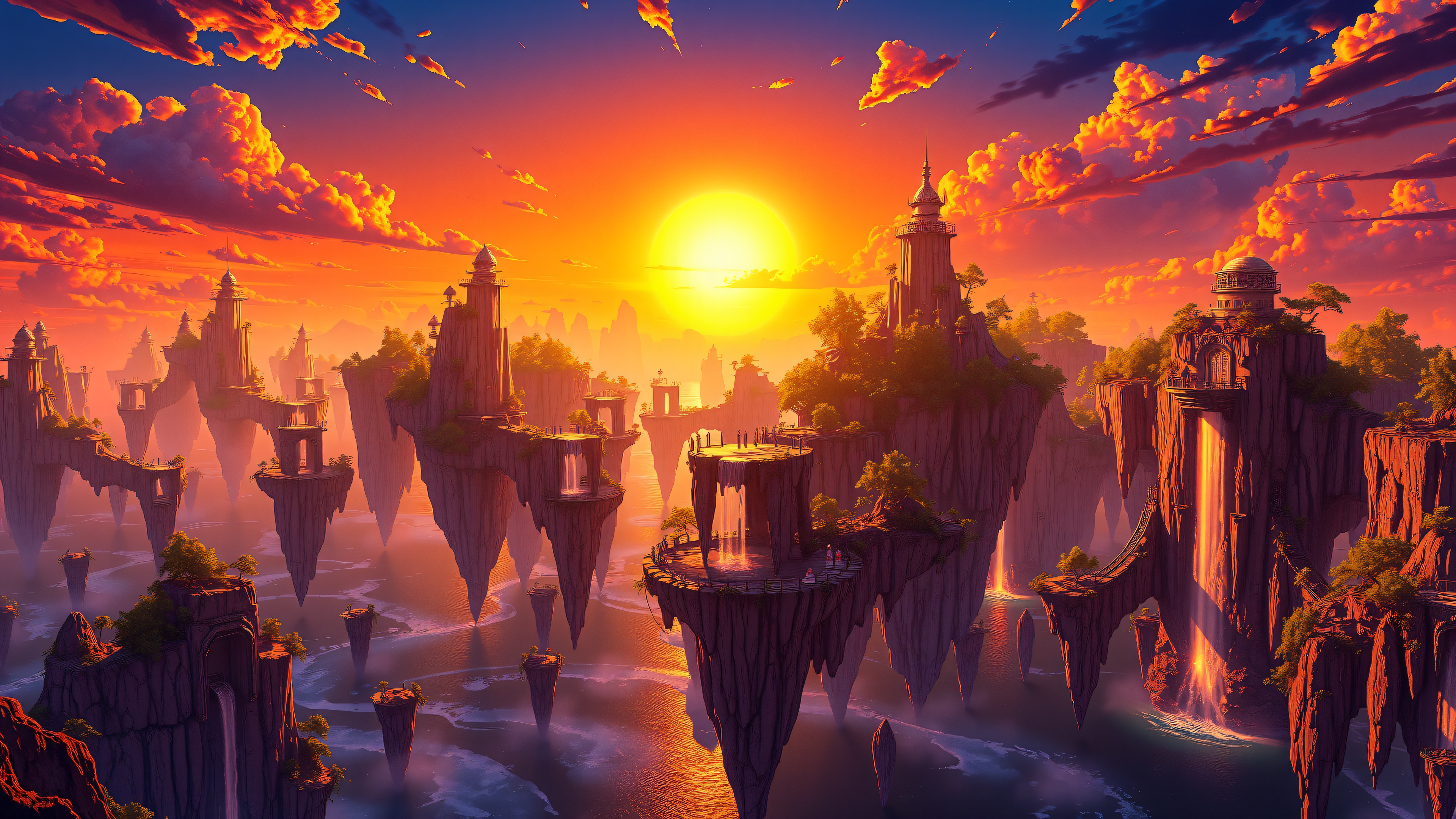 Floating Islands Sunset Fantasy Landscape Wallpaper, floating islands, sunset, fantasy landscape, ethereal, magical, orange sky