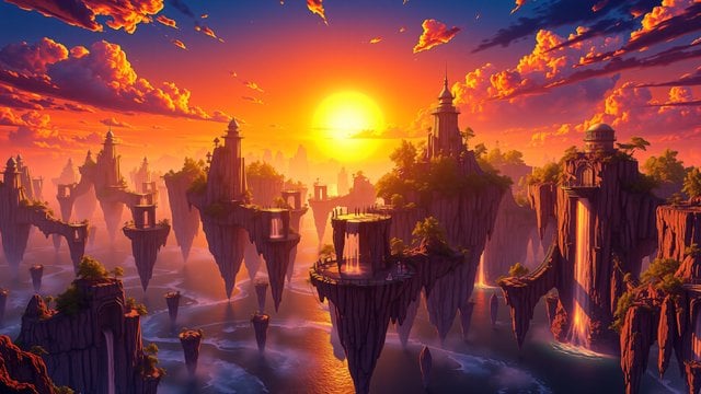 Floating Islands Sunset Fantasy Landscape Wallpaper