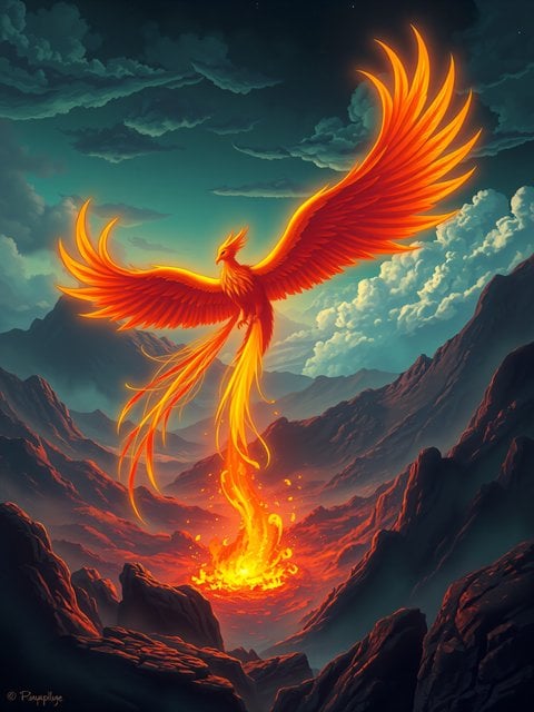 Fiery Phoenix Rising from Volcanic Mountains Wallpaper