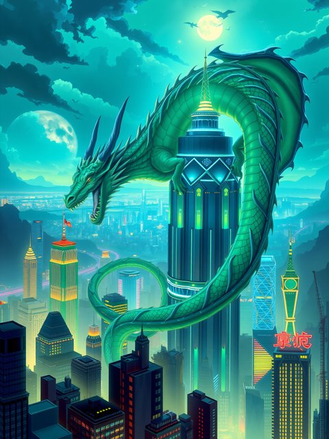 Neon City Dragon Guardian Moonlight Fantasy
