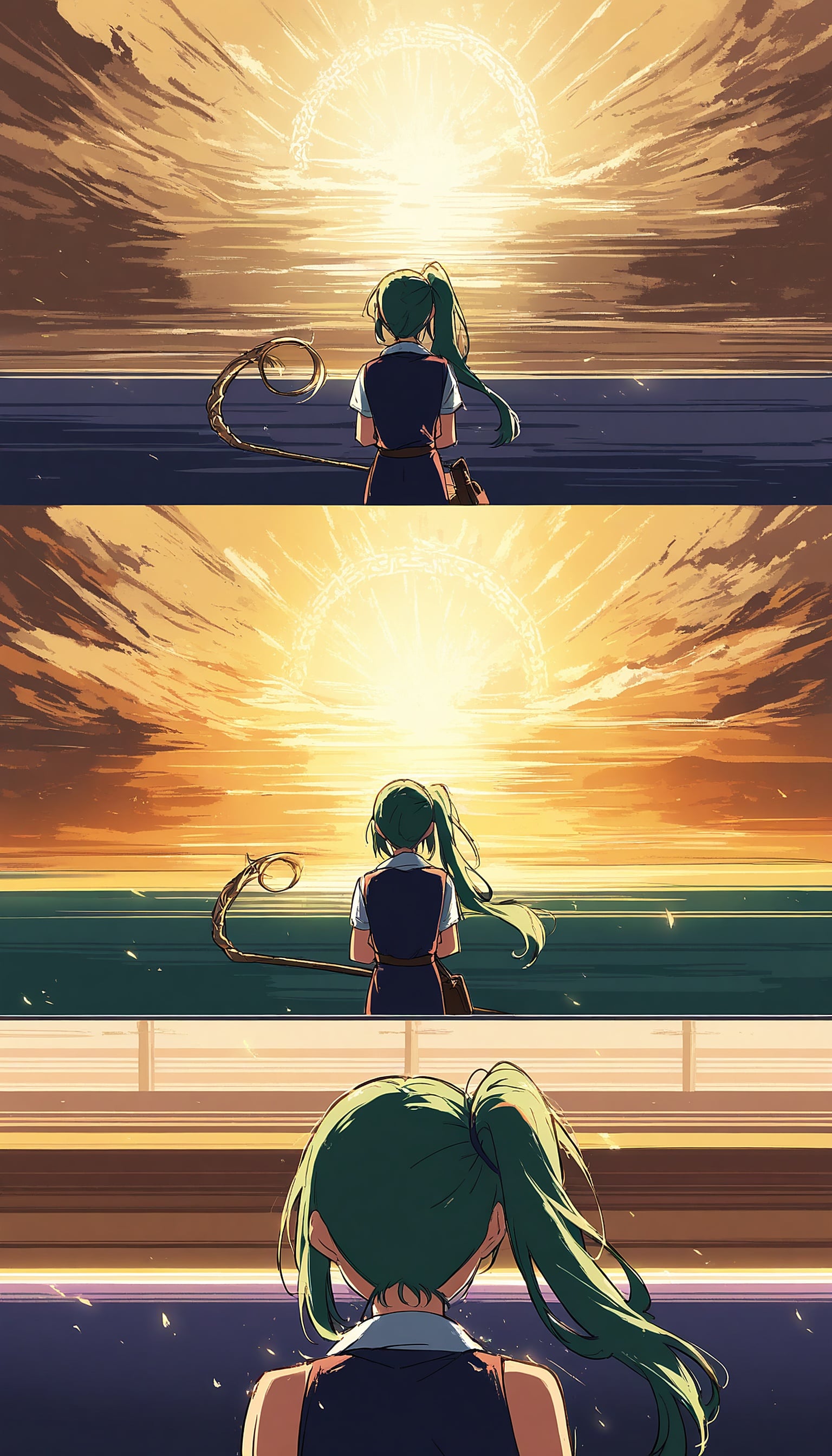 Anime Girl Sunset Ocean with Staff Wallpaper, anime girl, sunset, ocean, fantasy, staff, golden hour